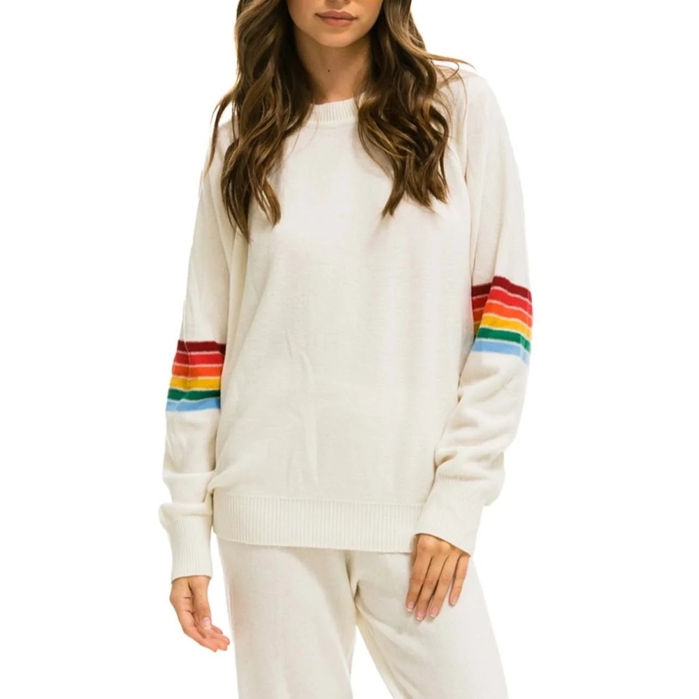 Aviator Nation Womens S White Crew Neck Rainbow Y2K Raglan Sweatshirt A011524